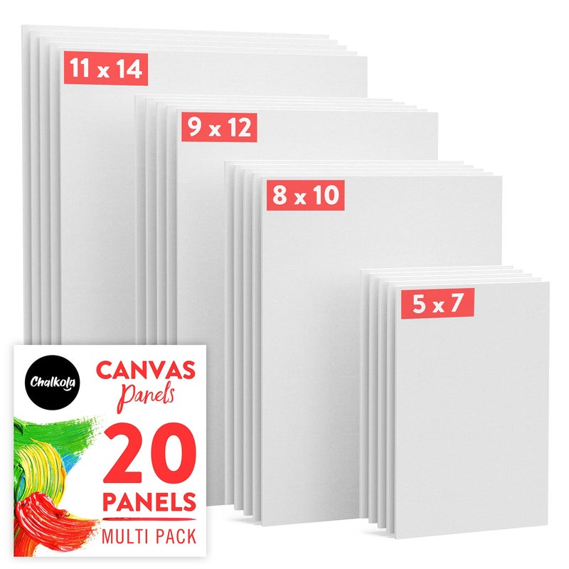 Chalkola Paint Canvases for Painting Multipack - 20 Pack Blank Canvas Panels - 5x7, 8x10, 9x12, 11x14 inch (5 Each) - 100% Cotton, Primed, Acid Free Art Canvas Boards for Painting with Acrylic & Oil - Image 1